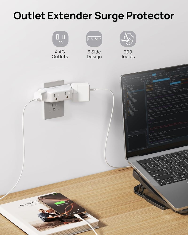 TROND Outlet Extender Surge Protector - Multi Plug Wall Outlet with 4 Grounded Sockets, 3 Way Angled Plug Adapter, 900J, Electrical Wall Splitter for Home Office Travel Dorm Room, White - Image 2